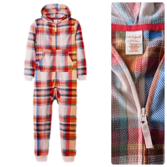 CAT & JACK Girls' Printed Union Suit Onesies Fleece Plaid Pajamas w. Hood - Picture 2 of 15